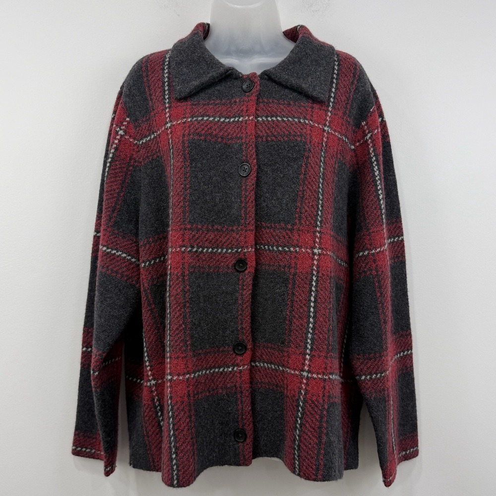 J Jill Wool Cardigan Womens 2X Plaid Country Rustic Cottagecore Cozy Stretch